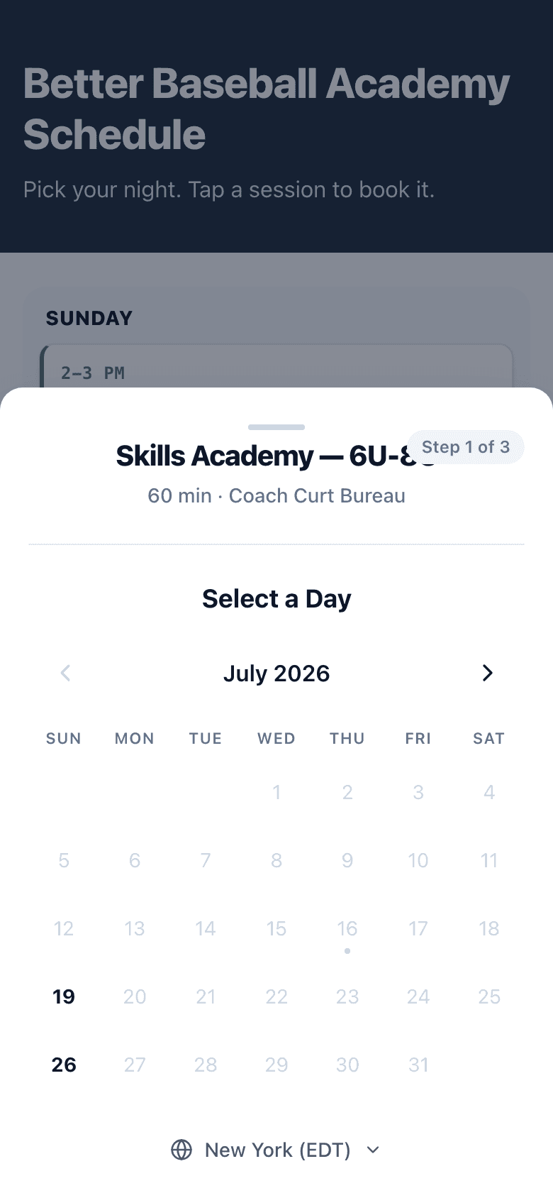 The booking slot picker on a phone: July calendar where only Sundays are selectable, with a timezone switcher at the bottom