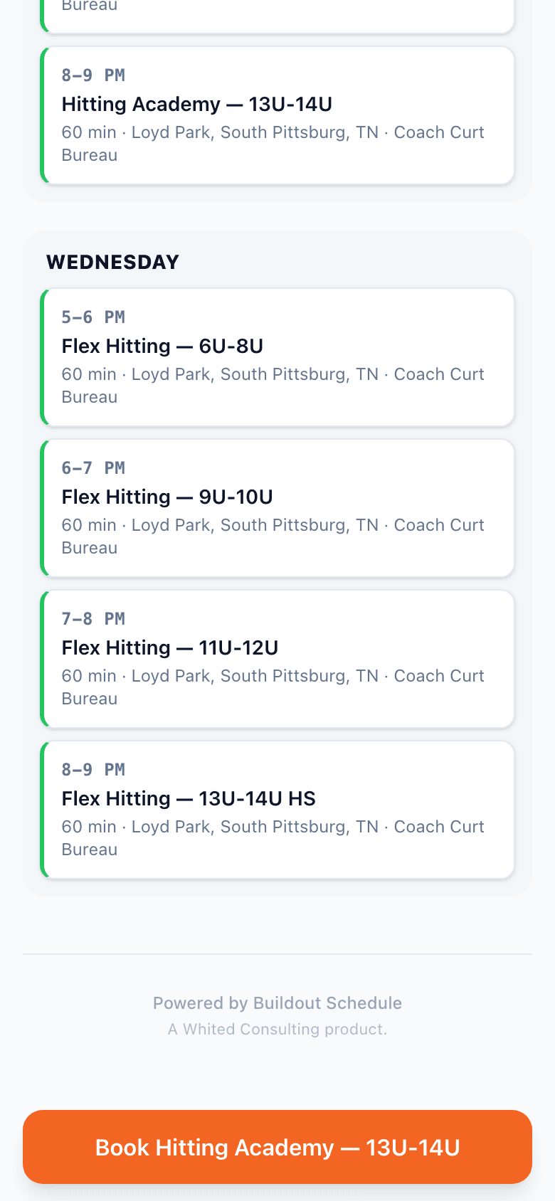 The BBA schedule page on a phone with the sticky Book bar pinned to the bottom showing Book Hitting Academy 13U-14U