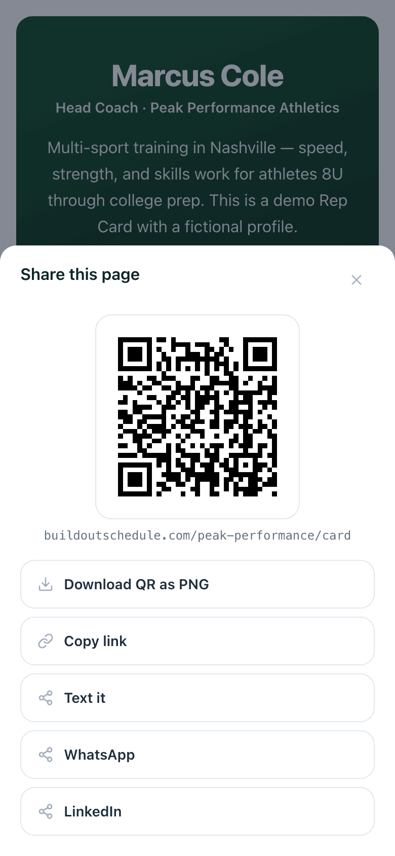 Share sheet open over the Marcus Cole demo Rep Card: QR code, Download QR as PNG, Copy link, Text it, WhatsApp, and LinkedIn buttons