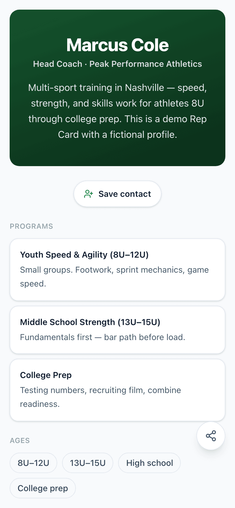 Rep Card hero on a phone: Marcus Cole, Head Coach at Peak Performance Athletics, with a Save contact button and program list