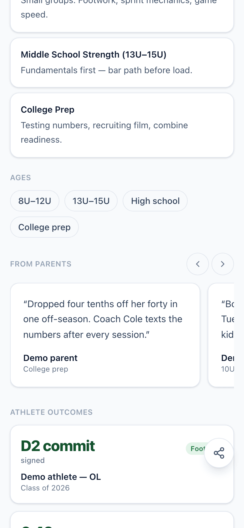 Rep Card proof sections: parent testimonials carousel and athlete outcome case-study cards with results like D2 commit