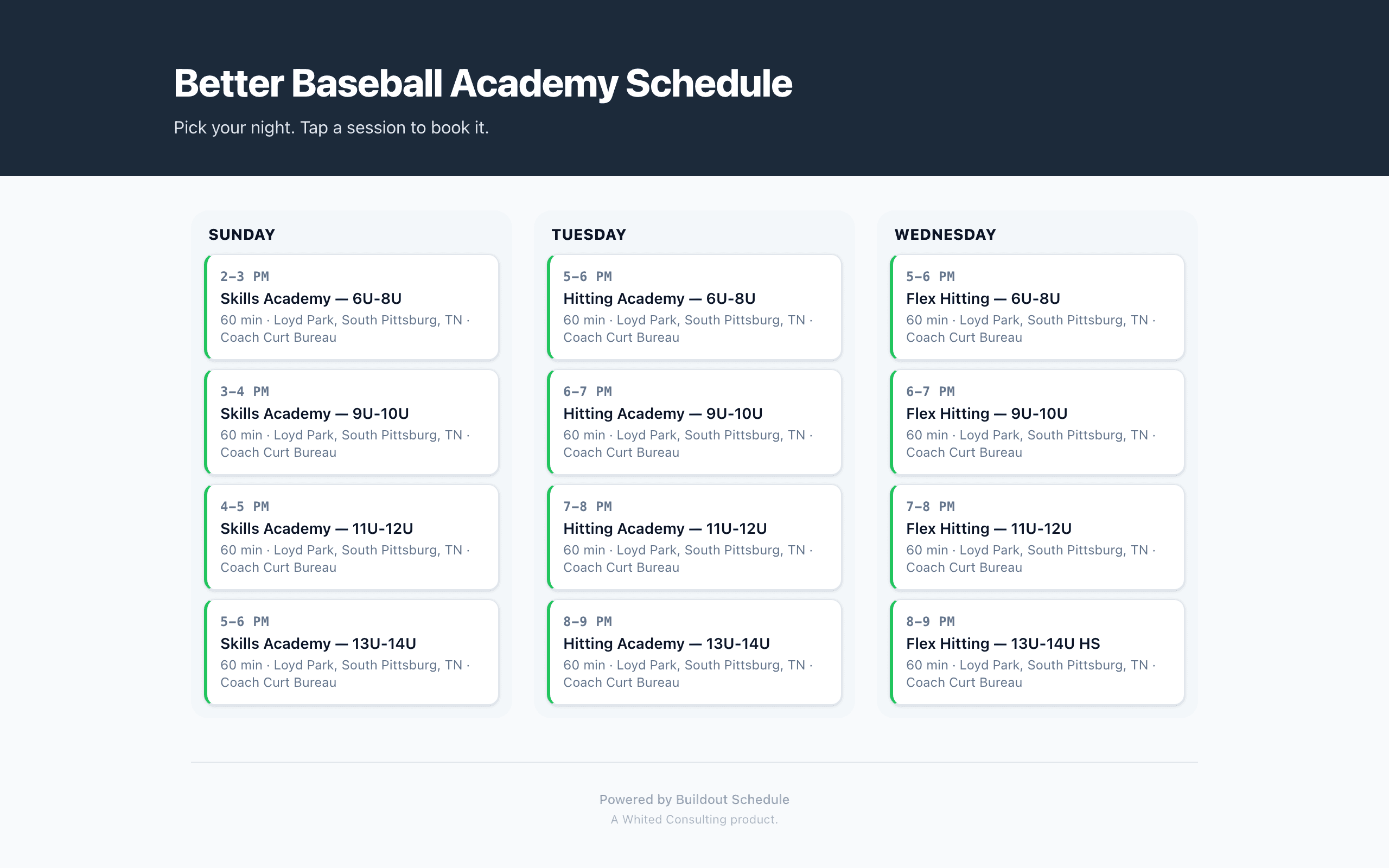BBA schedule page on desktop: Sunday, Tuesday, and Wednesday session groups with times, locations, and coach names