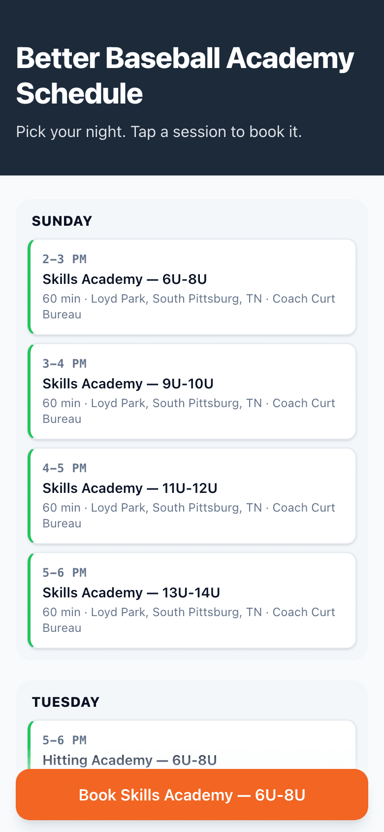 BBA schedule page on a phone: Sunday Skills Academy sessions with tappable rows