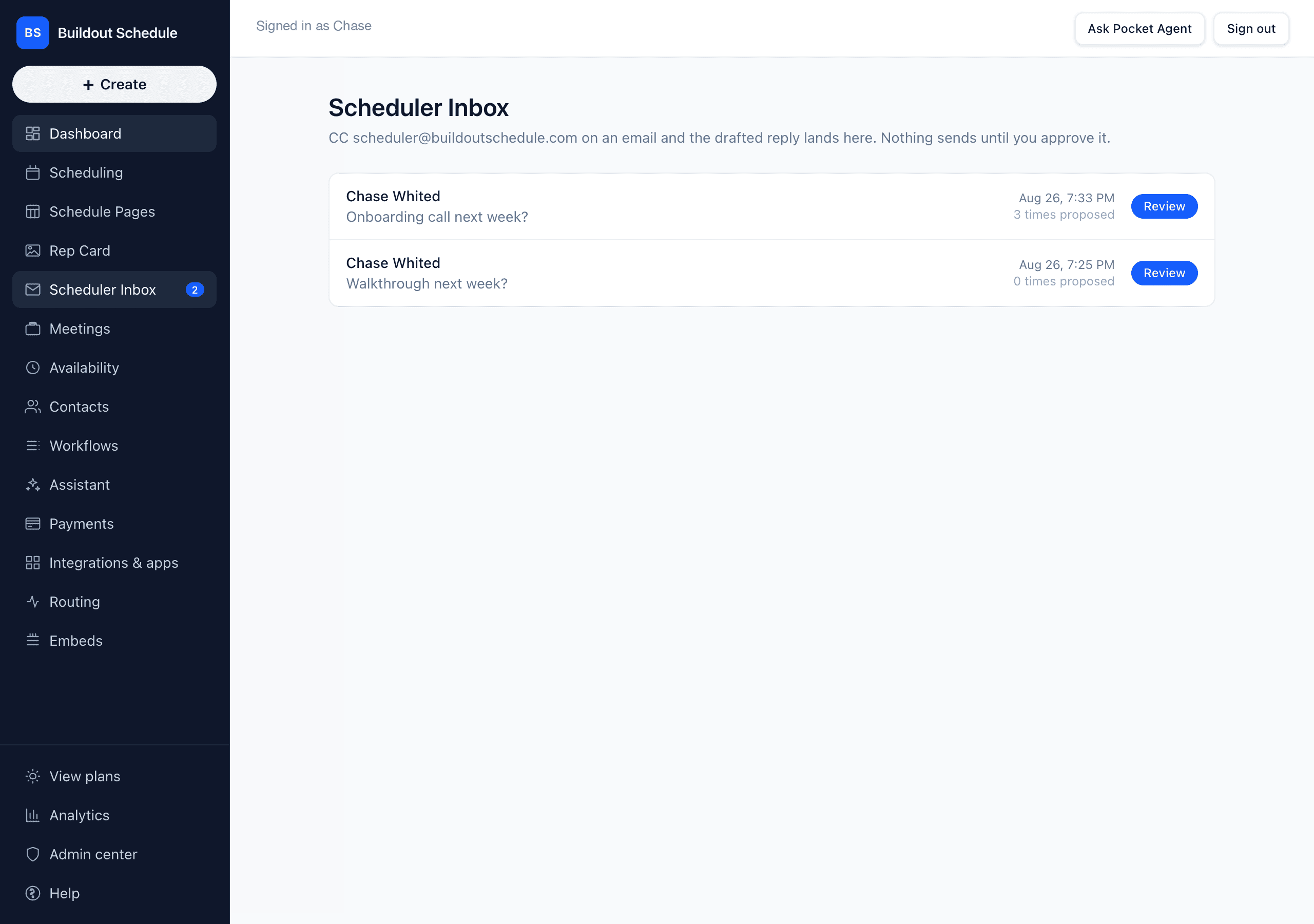 The Buildout Schedule Scheduler Inbox listing two email threads with drafted replies waiting for review