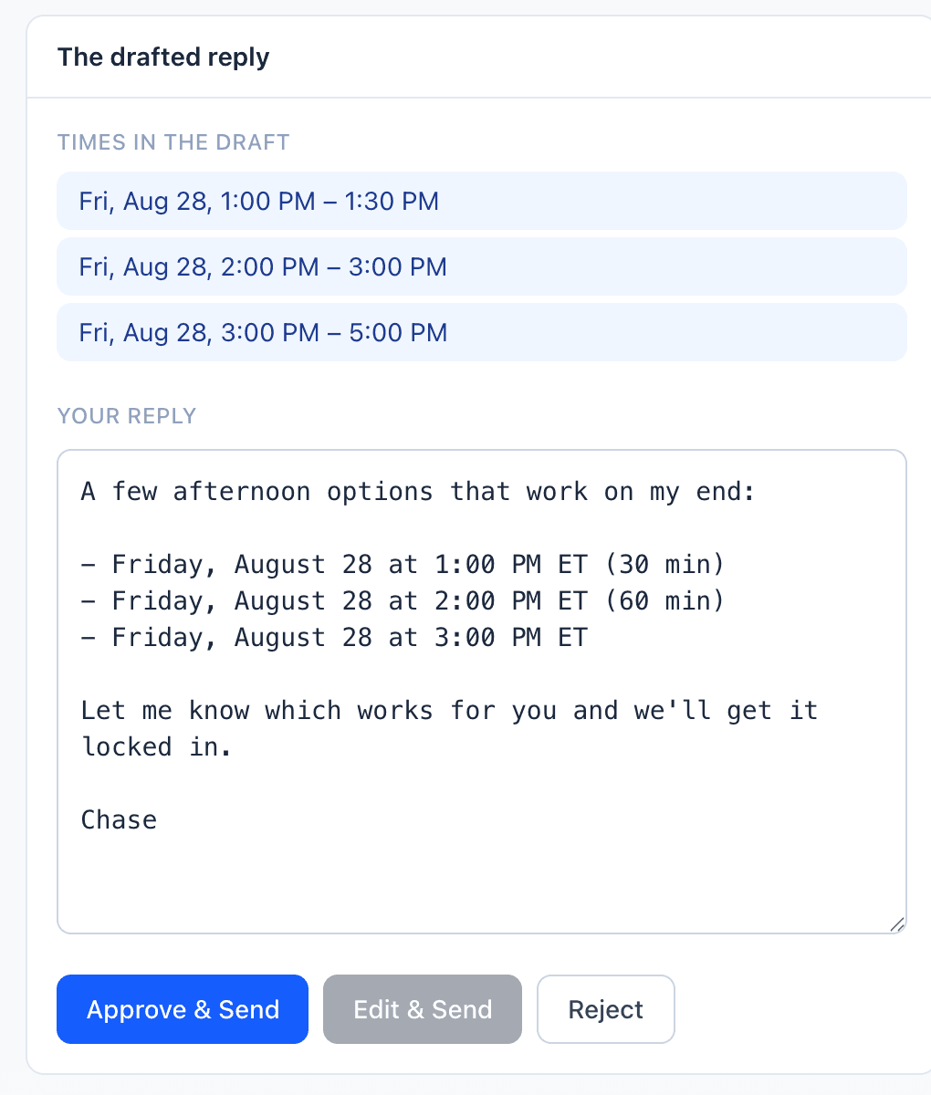 A drafted reply proposing three open time slots pulled from the calendar