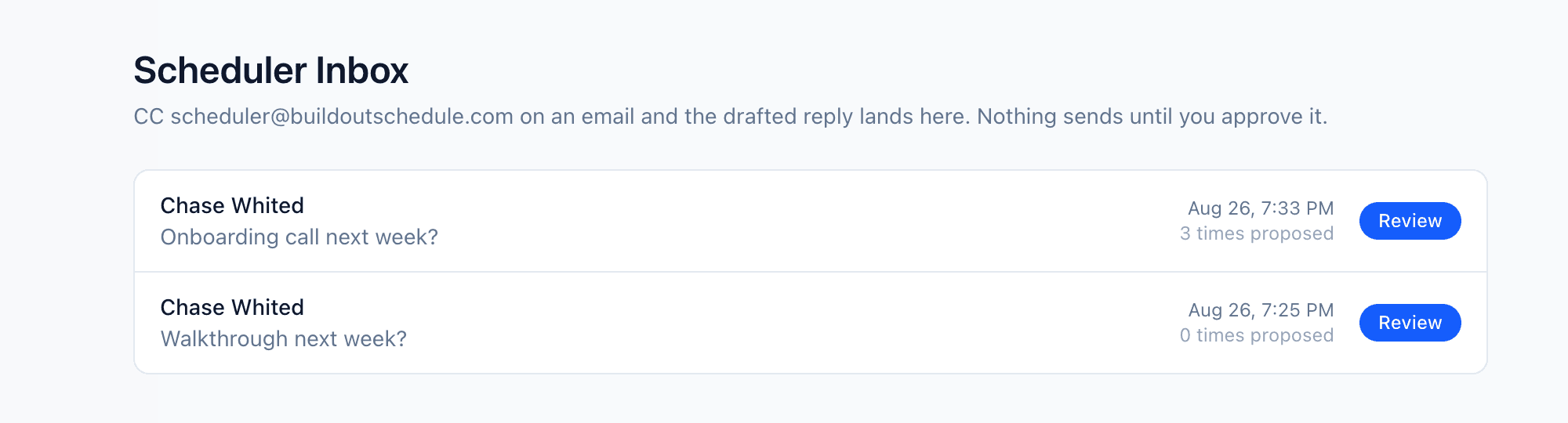 The Scheduler Inbox listing email threads with drafted replies waiting for review