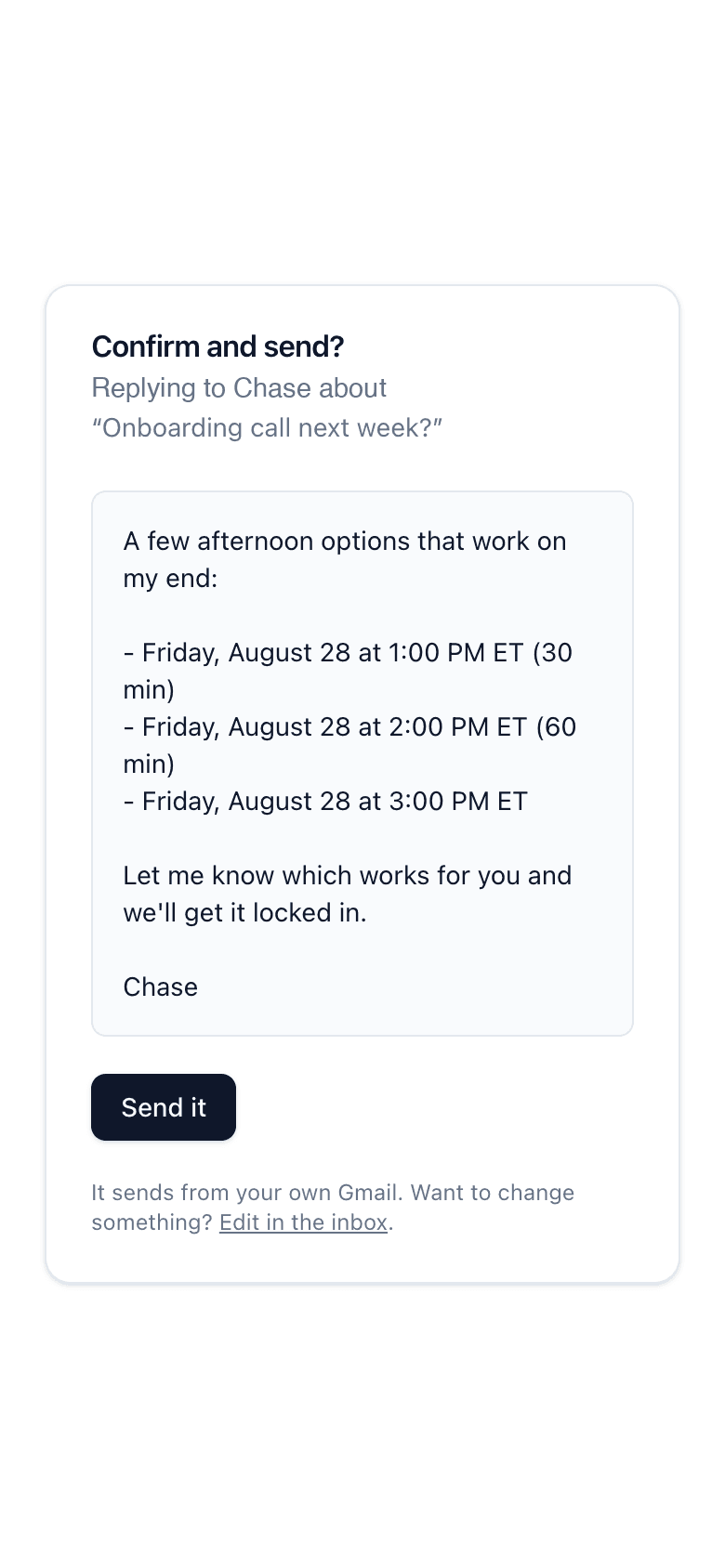 The one-tap approval page on a phone showing the drafted reply and a Send it button