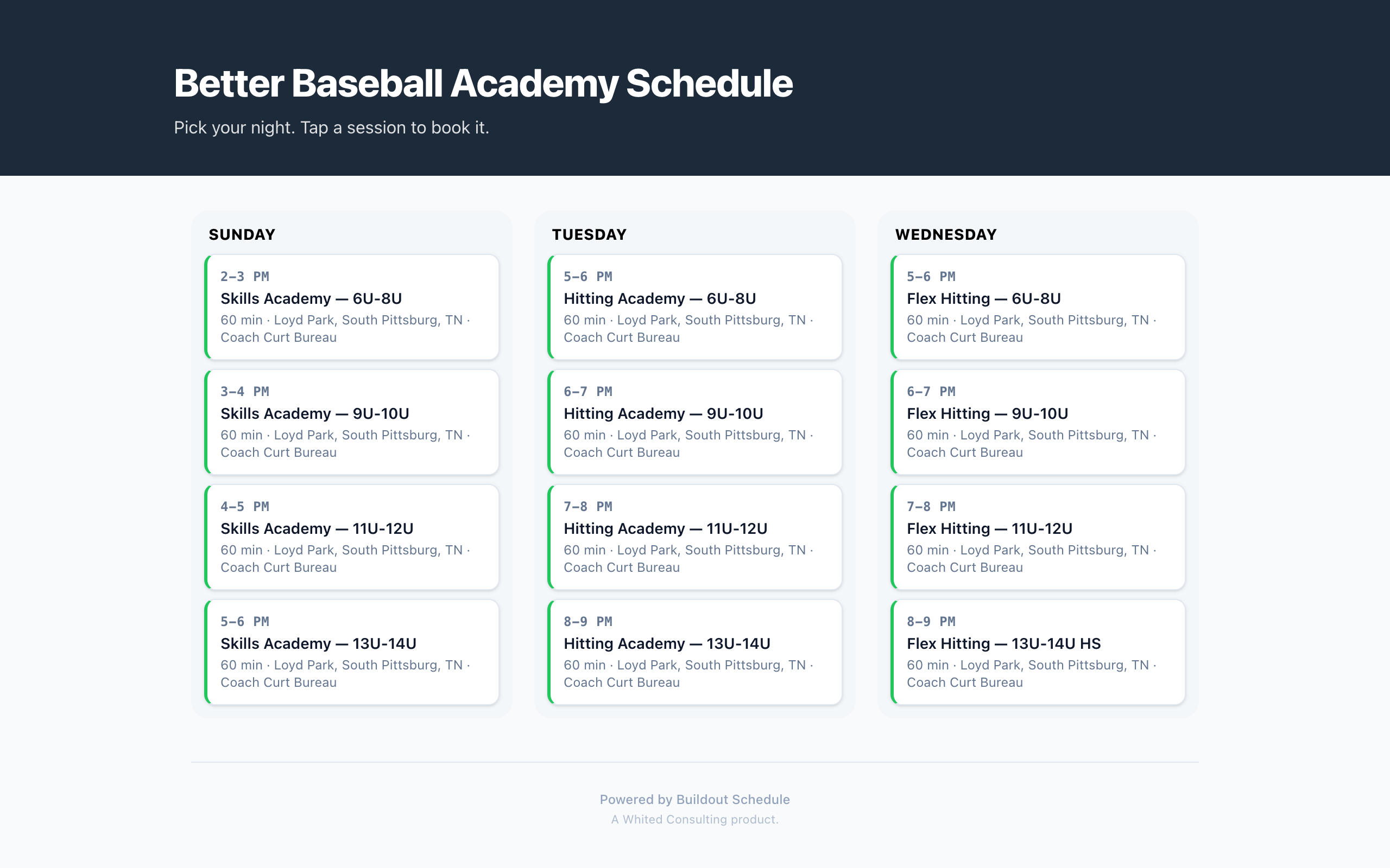 A real academy's public Schedule Page: the week's classes grouped by day and age band, every session bookable.