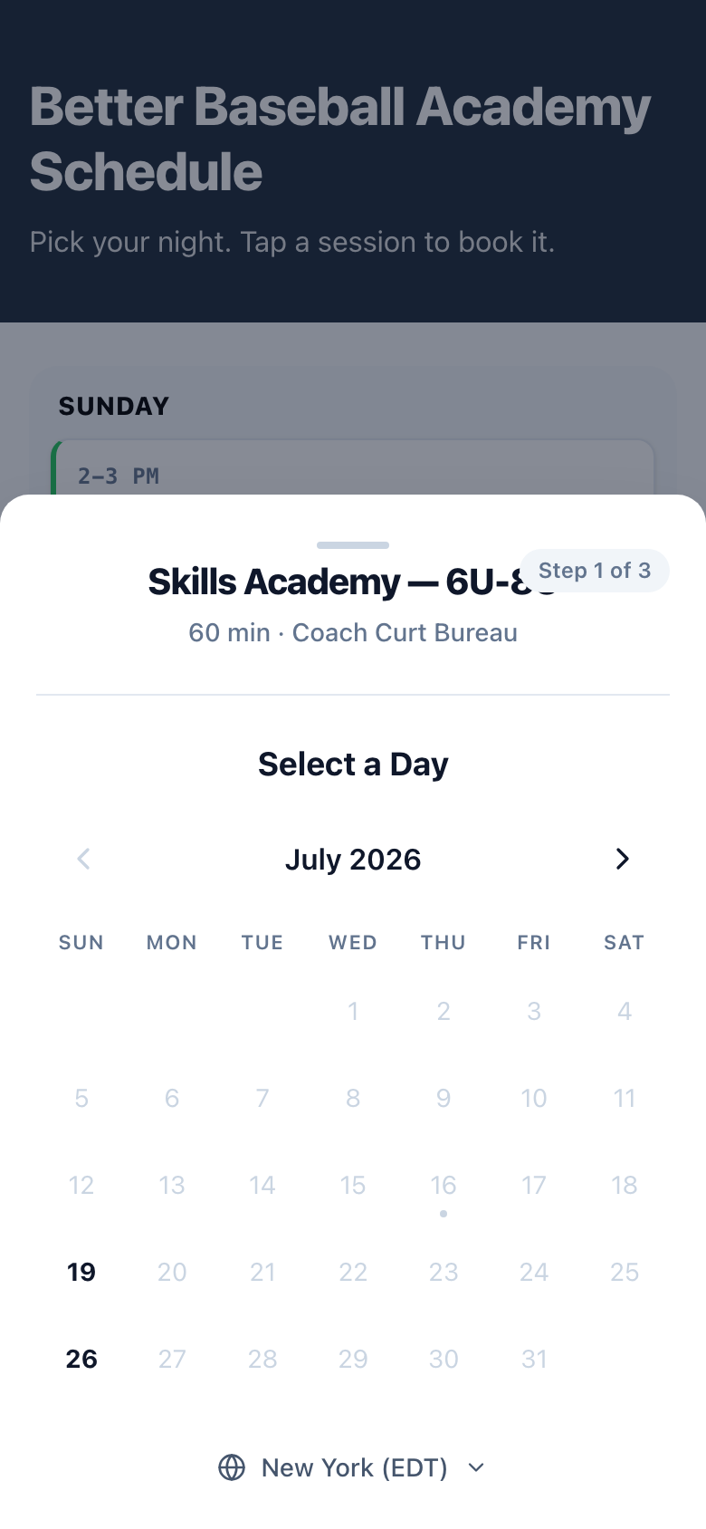 The slot picker on a live booking page: visitors only ever see times that clear your buffers, notice window, and synced calendar.