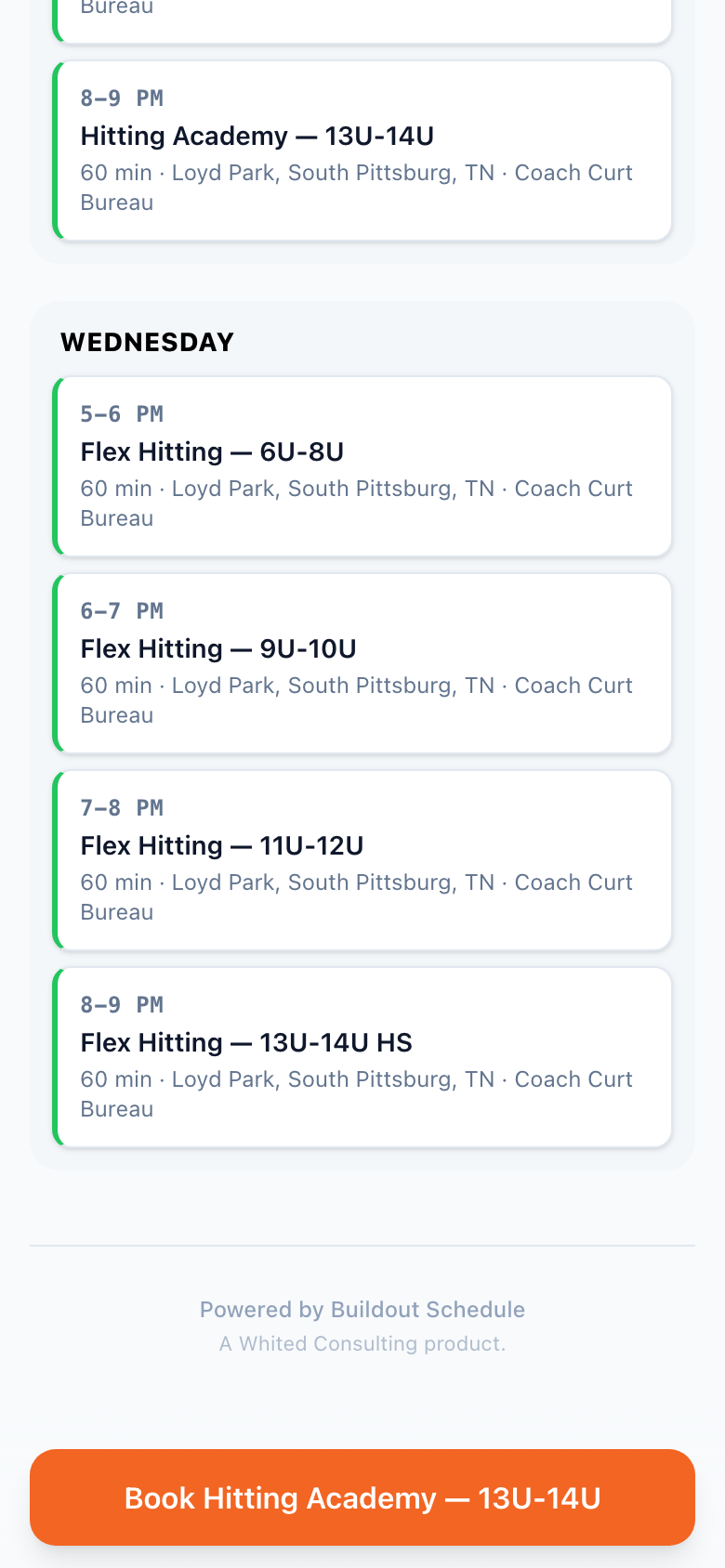 A live mobile booking page: the sticky book bar stays in thumb reach while the rest of the page scrolls.